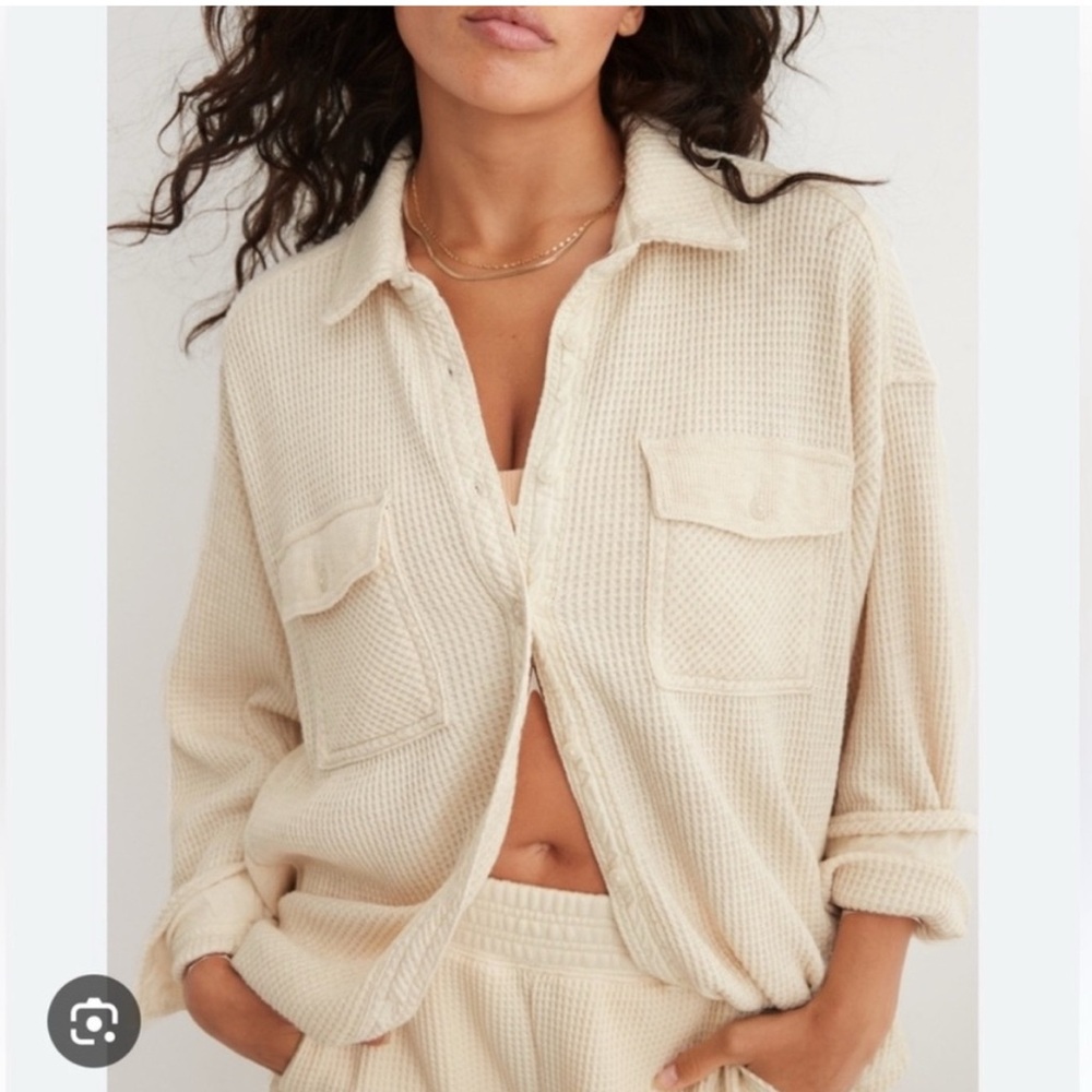 Aerie Beige Waffle Knit Button-Down Shirt